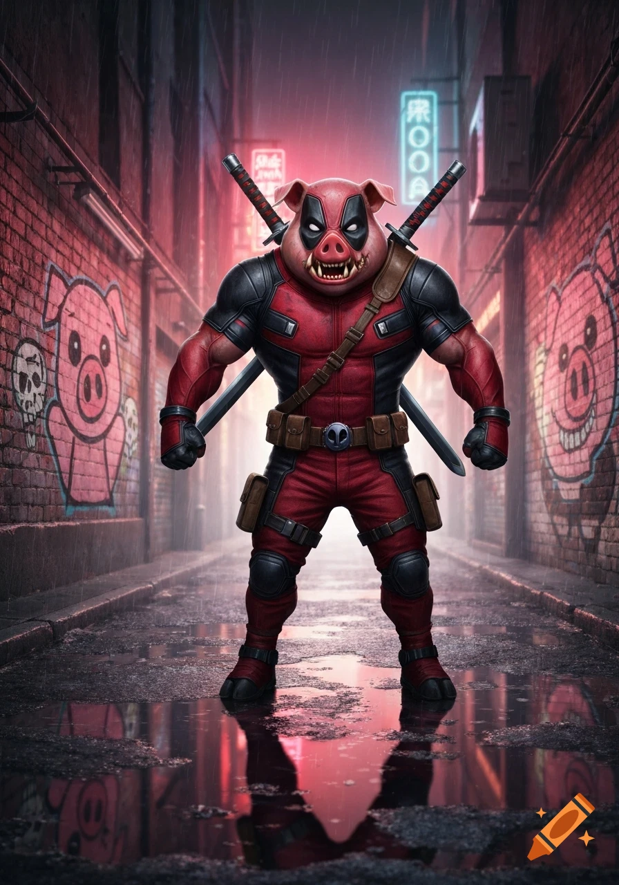 A muscular pig creature in a red and black Deadpool costume with katanas stands in a rainy, neon-lit alleyway with pig graffiti.