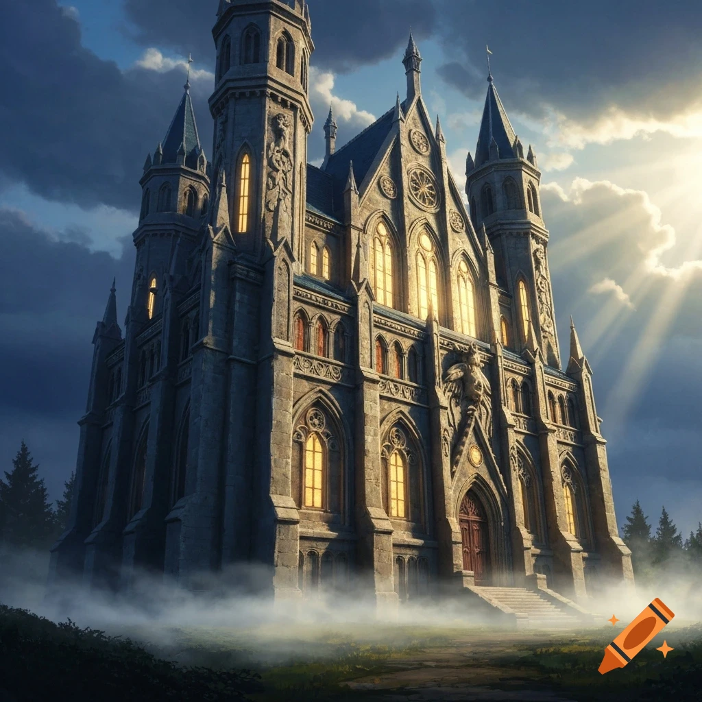 A grand, gothic fantasy academy castle shrouded in mist, with sun rays piercing dramatic clouds.