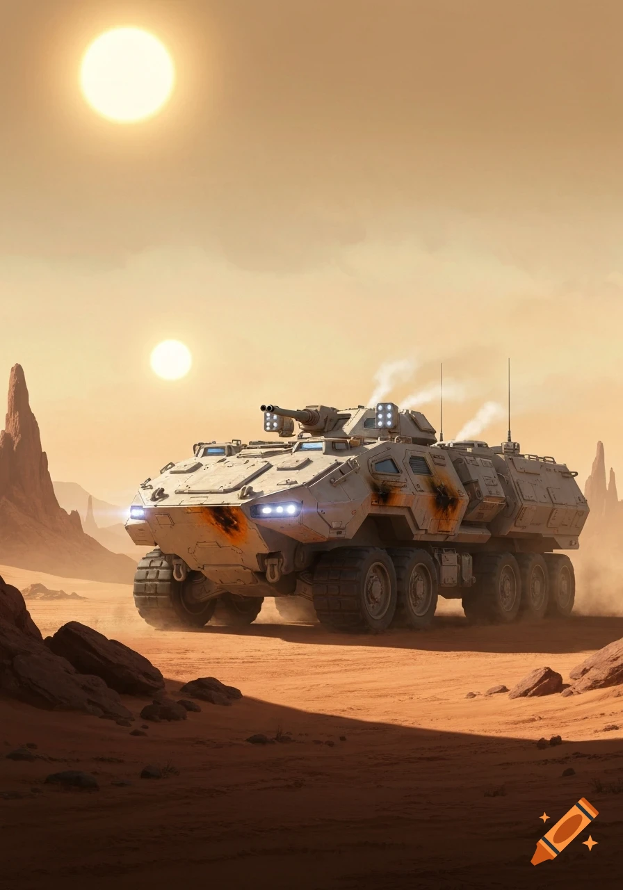 A futuristic armored vehicle with glowing lights traverses a dusty, rocky desert under two suns, with rock formations in the background.