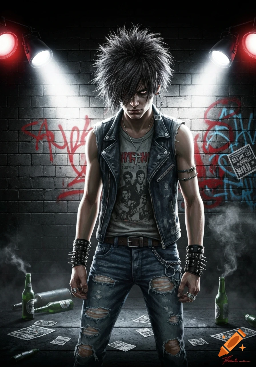 A stylized punk rock man with spiky hair, a leather vest, and ripped jeans stands against a graffiti-covered brick wall under spotlights, with empty beer bottles on the ground.