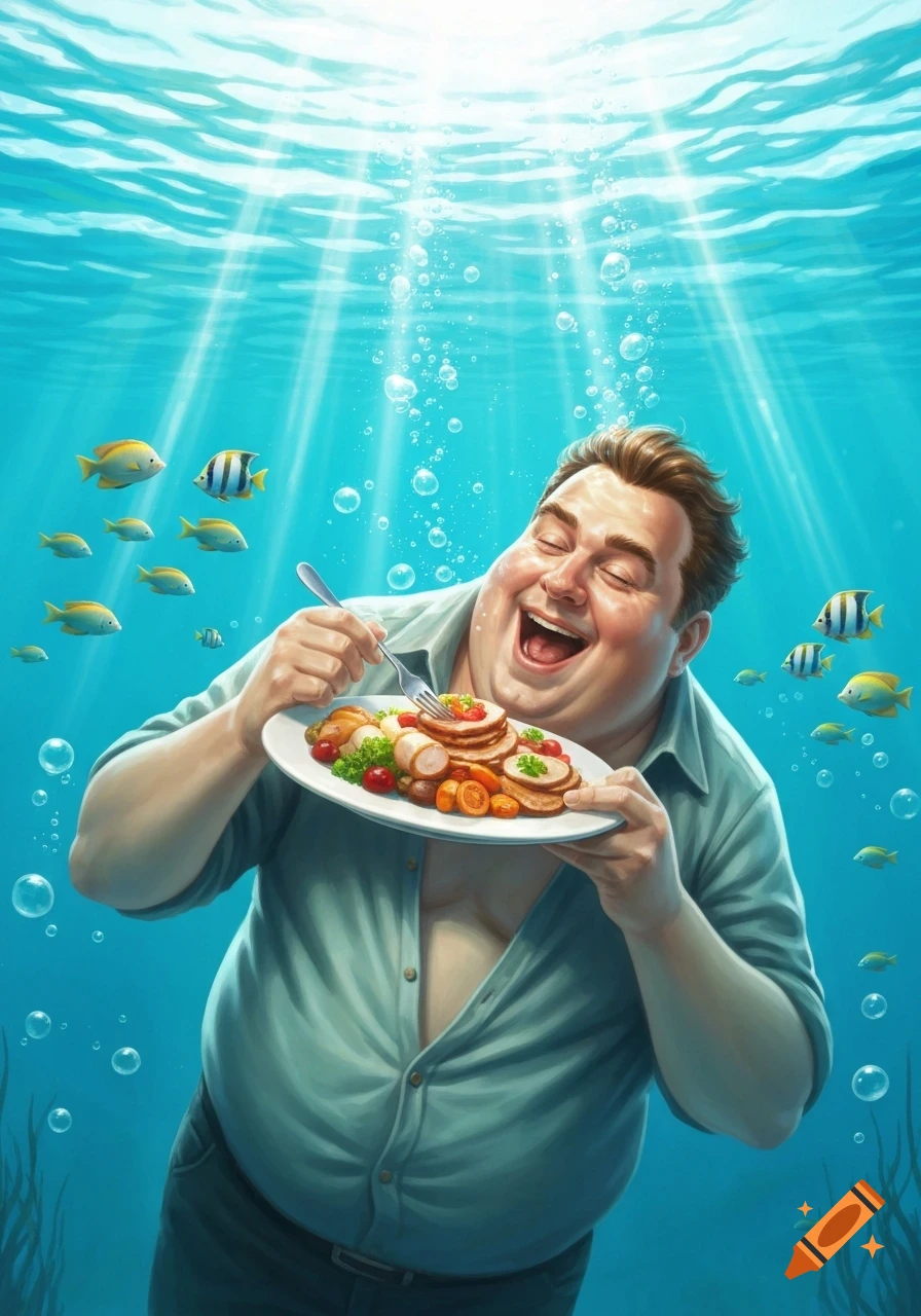 A jovial, heavy-set man happily eats a full plate of food underwater amidst schools of fish and bubbles, with sunrays beaming down.