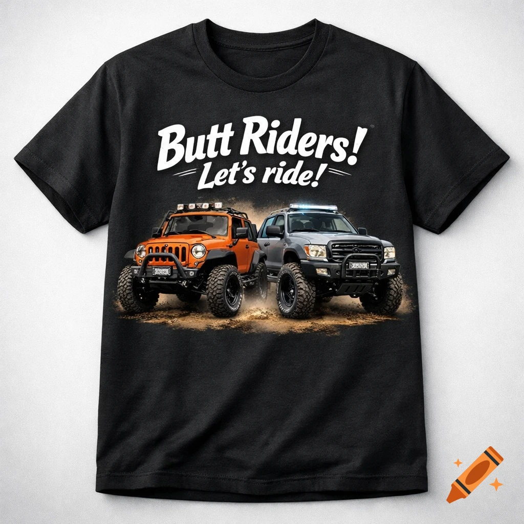 Black t-shirt featuring two off-road vehicles and the text 'Butt Riders! Let's ride!'