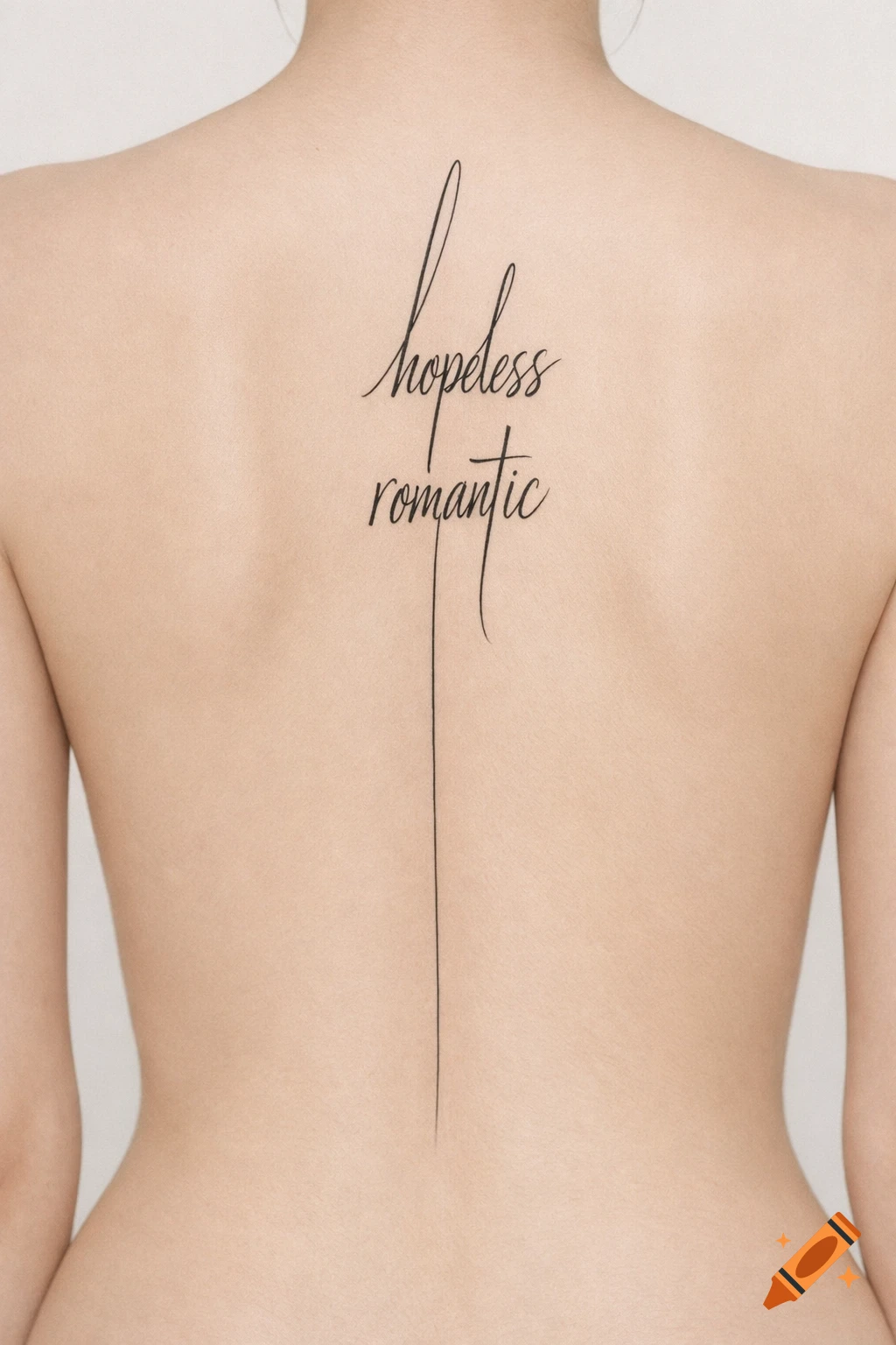A fine-line black tattoo of "hopeless romantic" with an elongated vertical line on a person's bare back.