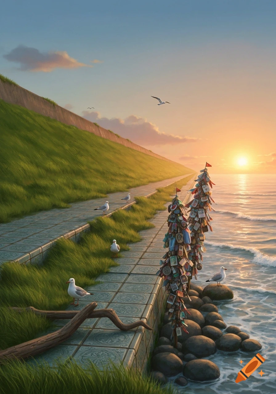 A vibrant sunrise over a coastal path lined with green grass. Two columns of stacked treasures stand by the water, with seagulls nearby.