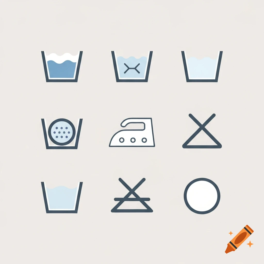Nine laundry care symbols, including wash, bleach, dry, and iron instructions, arranged on a light background.