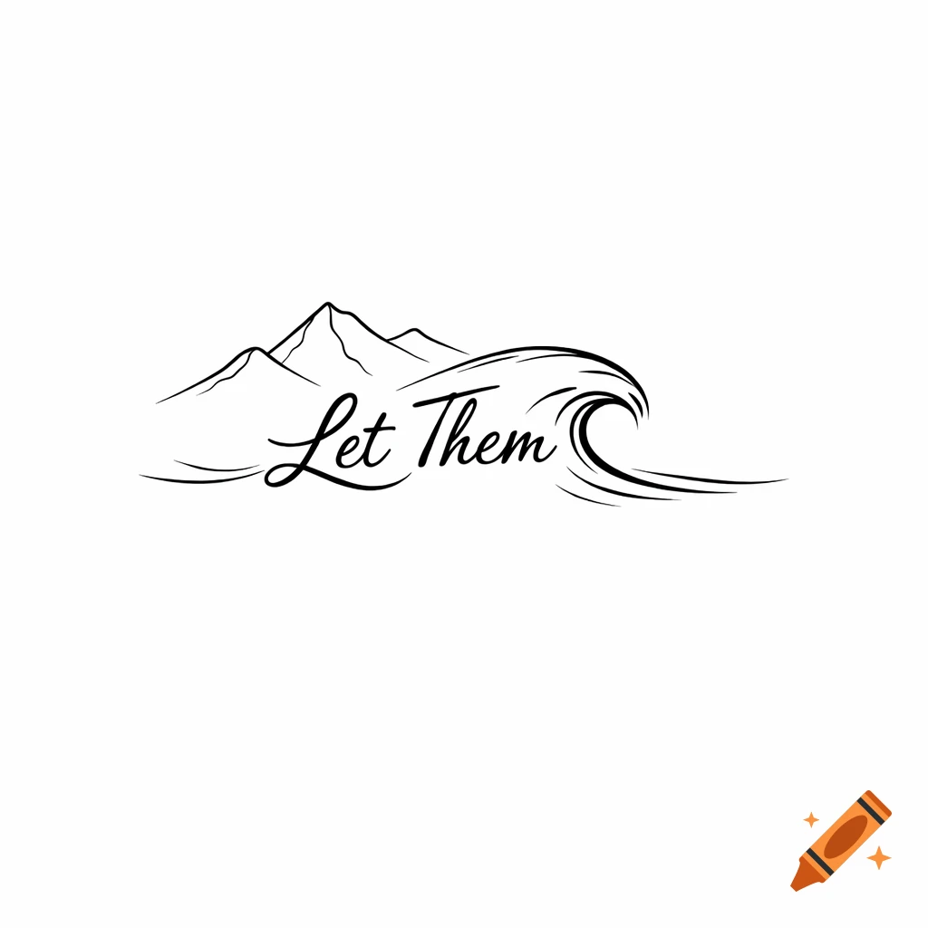 Minimalist line art tattoo design featuring mountains and a wave with the script text 'Let Them'.