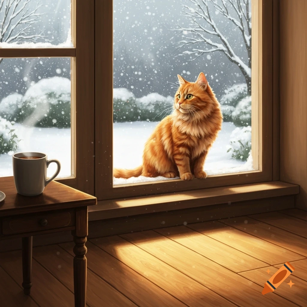 An orange fluffy cat sits on a wooden window sill, gazing out at a snowy winter scene. A steaming mug is on a small table indoors.