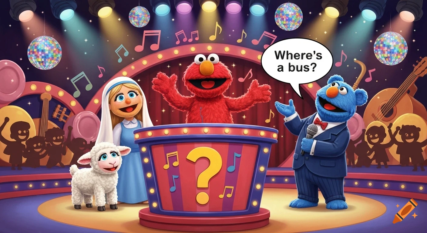 Elmo hosts a singing guessing game with a Mary-like puppet, a lamb, and a blue puppet asking "Where's a bus?" on a vibrant stage.