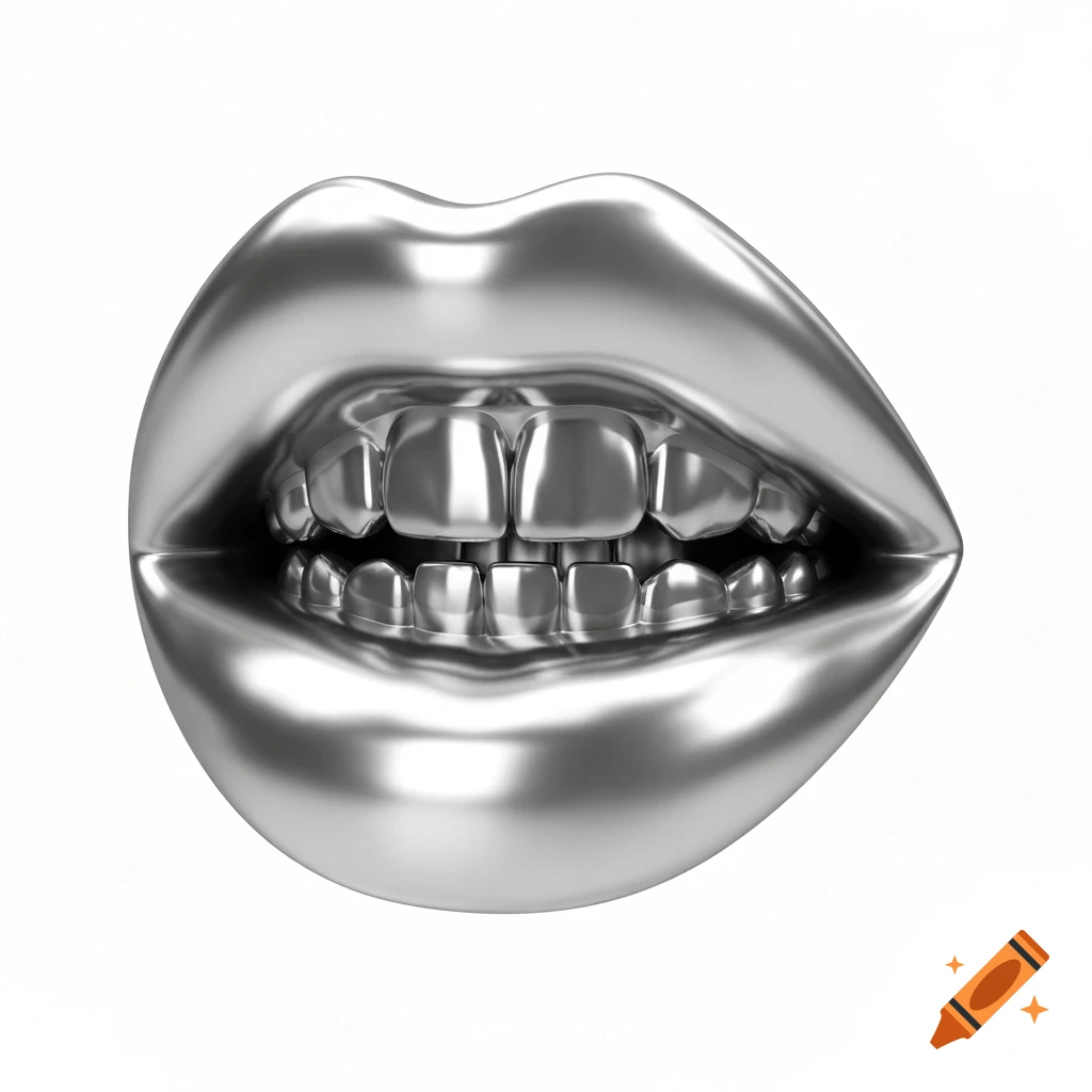 A close-up of a pair of shiny silver metallic lips and teeth, rendered on a white background.