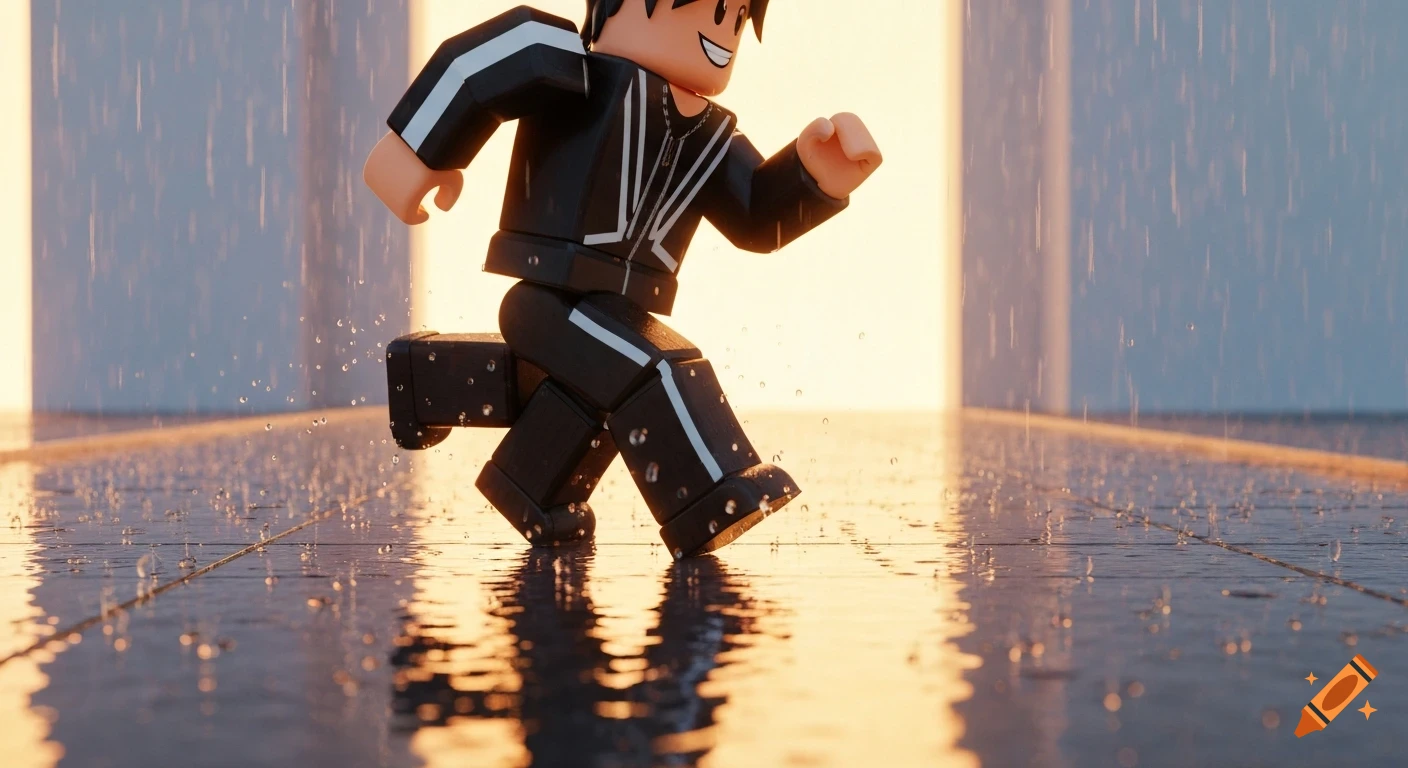 A Roblox-style character in a black outfit runs in the rain on a wet, reflective surface with warm sunset lighting.