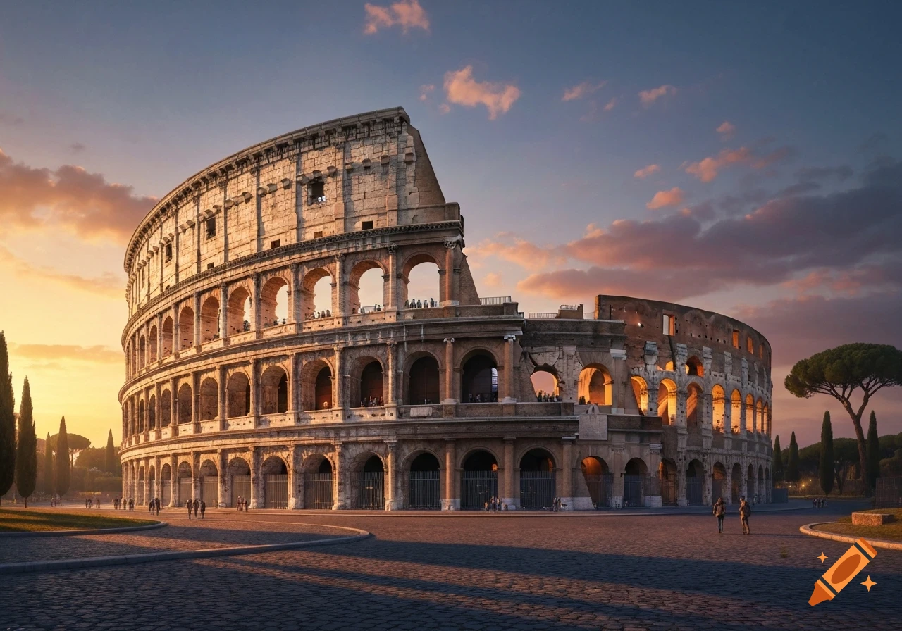 The historic Colosseum in Rome illuminated by the warm light of sunrise against a dramatic cloudy sky.