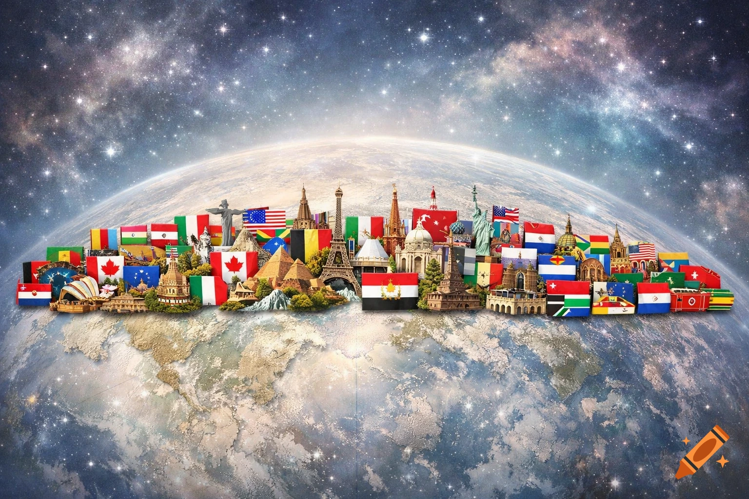 Miniature world landmarks and flags on Earth against a starry space background, representing global diversity and travel.