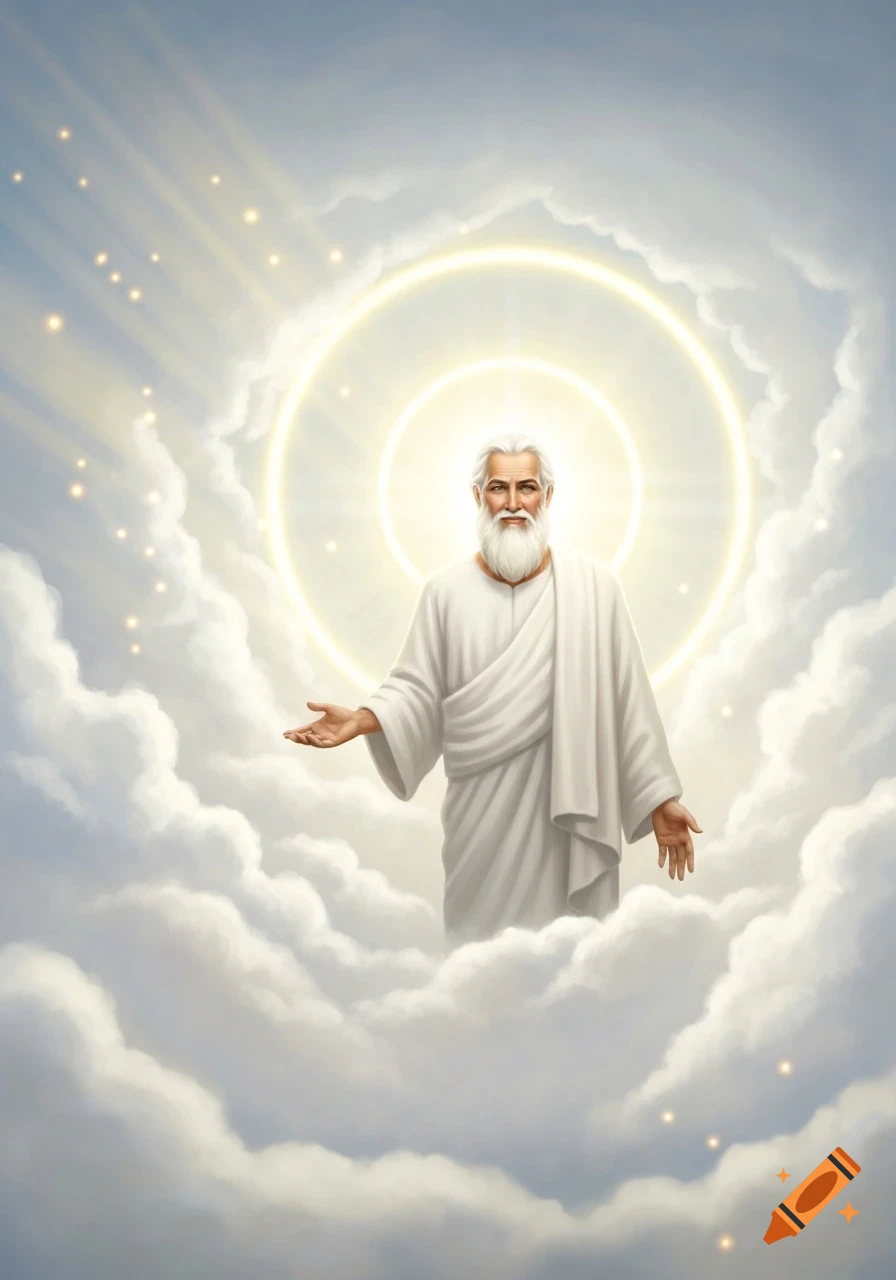 Illustrated divine figure with a white beard and robe, bathed in radiant light amidst heavenly clouds.