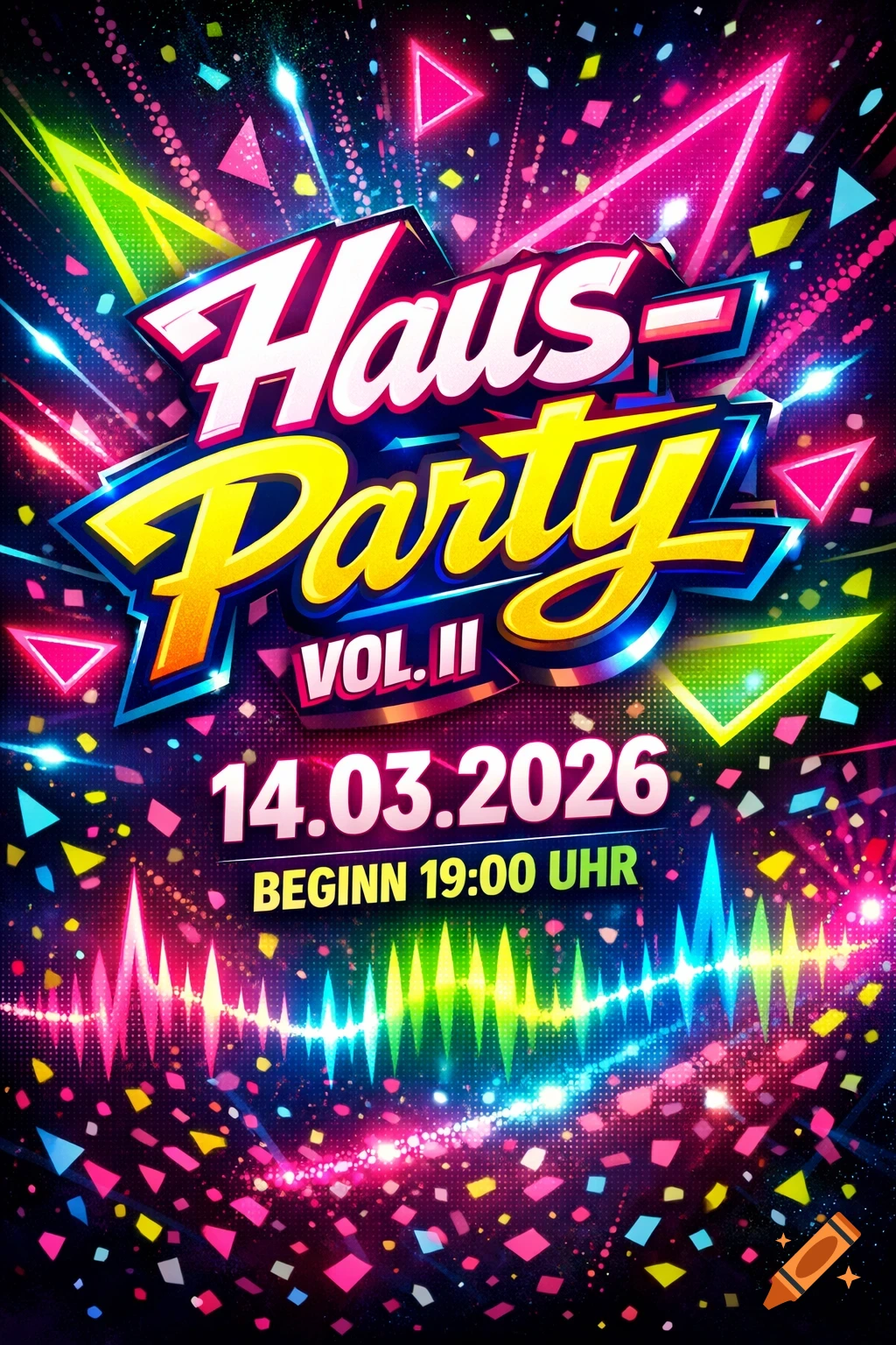 A vibrant, neon-colored party flyer for 'Haus-Party Vol. II' on March 14, 2026, at 7 PM, with geometric shapes and light effects.