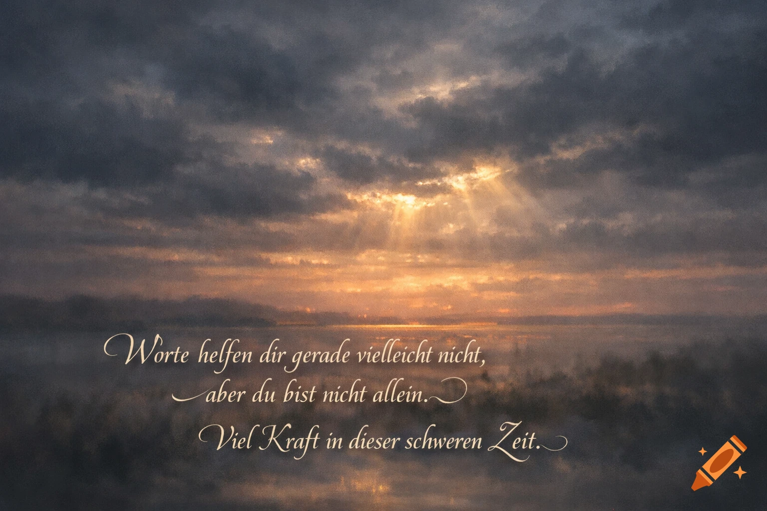 Sun rays pierce dark, cloudy skies over a misty horizon with golden light. Inspirational German text is overlaid on the image.