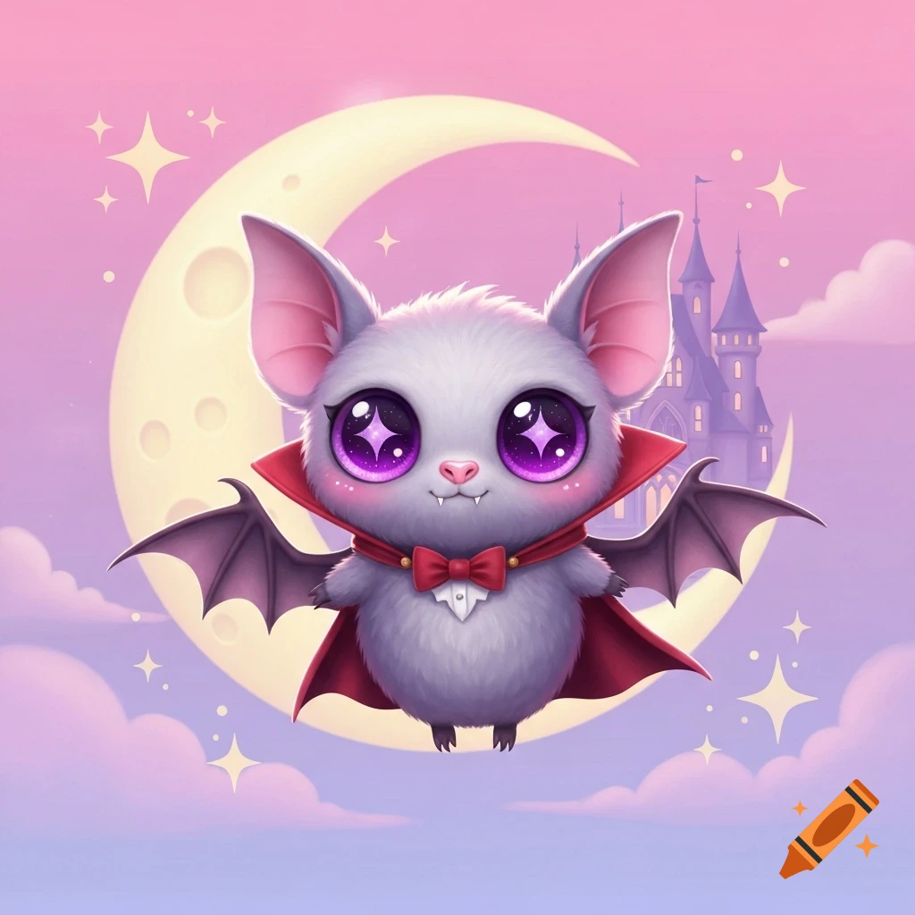 A cute kawaii baby bat dressed as Dracula, with big sparkly purple eyes, floating in front of a crescent moon and a fantasy castle under a pink and purple sky.