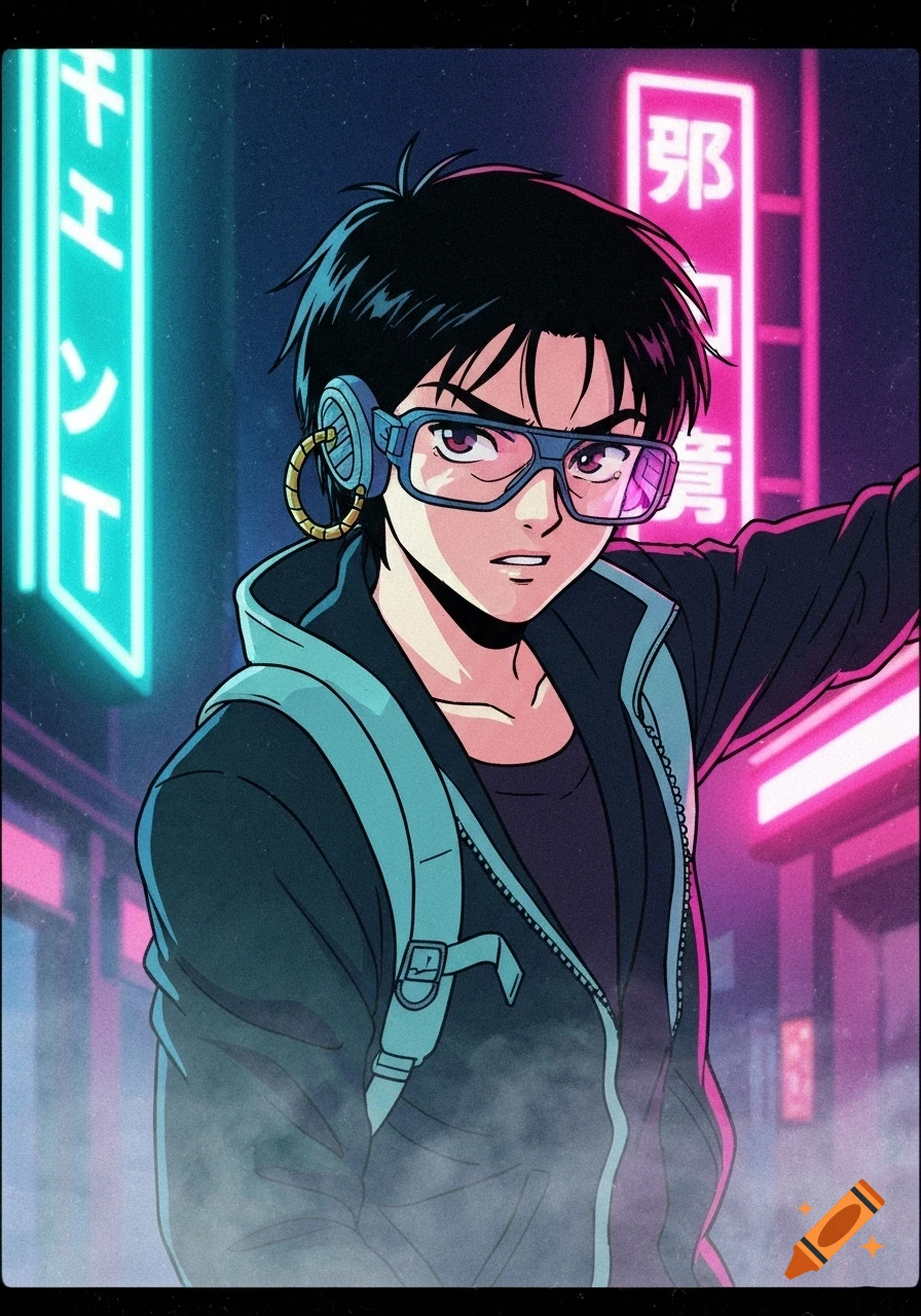 1980s retro-futuristic anime character with dark hair, glasses, and a backpack, standing in a neon-lit cyberpunk city street.