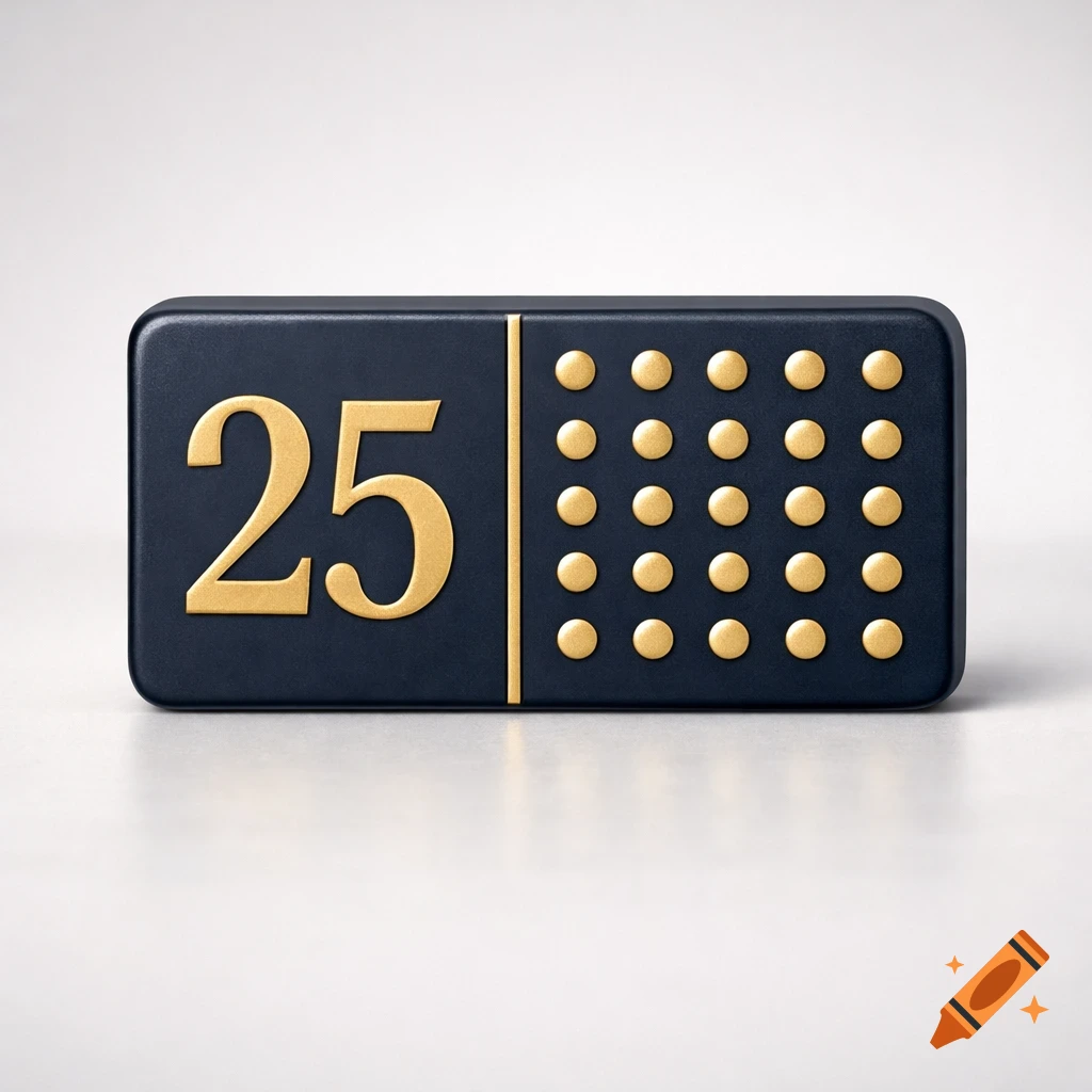 Dark blue domino piece with a golden '25' on one side and twenty-five golden dots on the other.