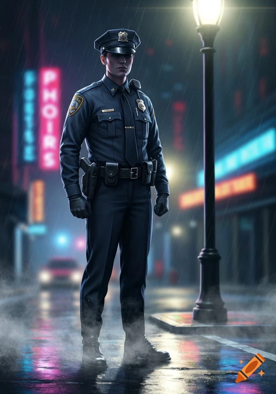 Photorealistic image of a police officer standing in the rain at night, with neon lights reflecting on the wet street.