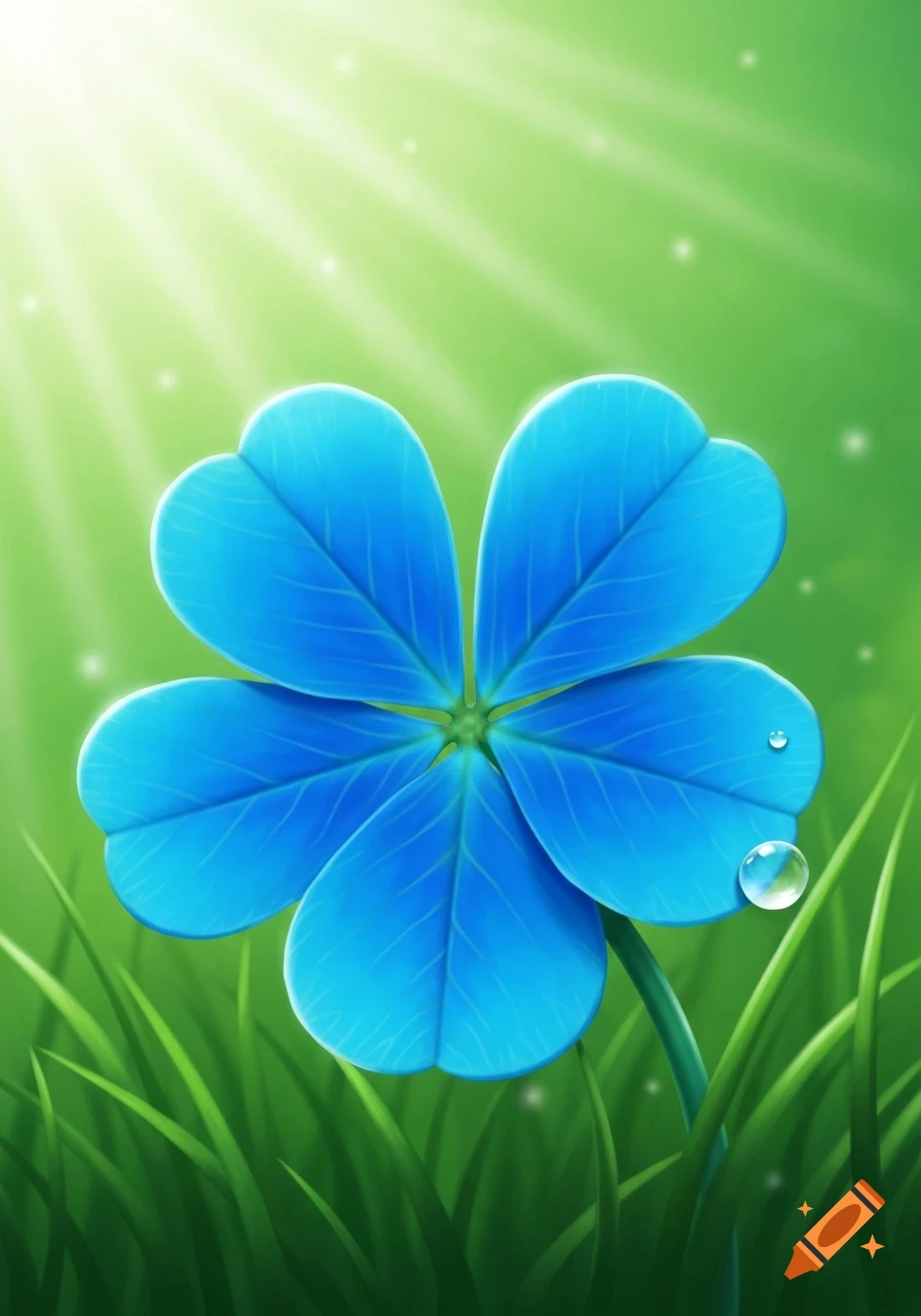 A vibrant blue four-leaf clover with two water droplets on its petal, growing in lush green grass with sun rays.