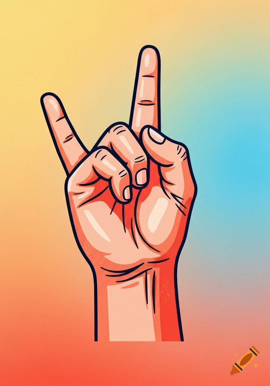 Colorful clipart illustration of a hand making the 'rock on' gesture on a gradient background.