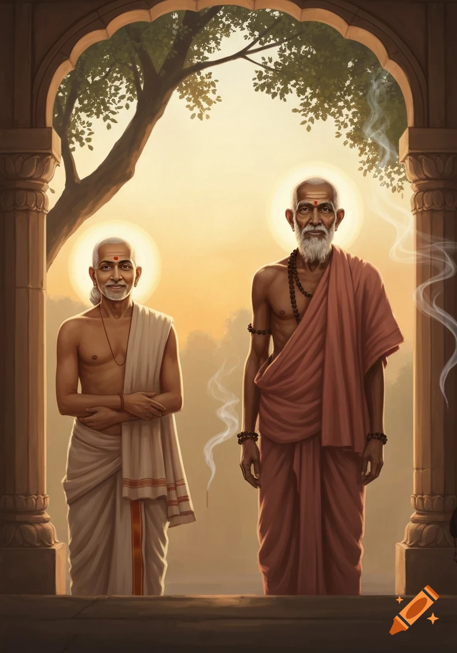 Two wise old men with beards and traditional robes stand under an archway with a tree and glowing halos at sunset.