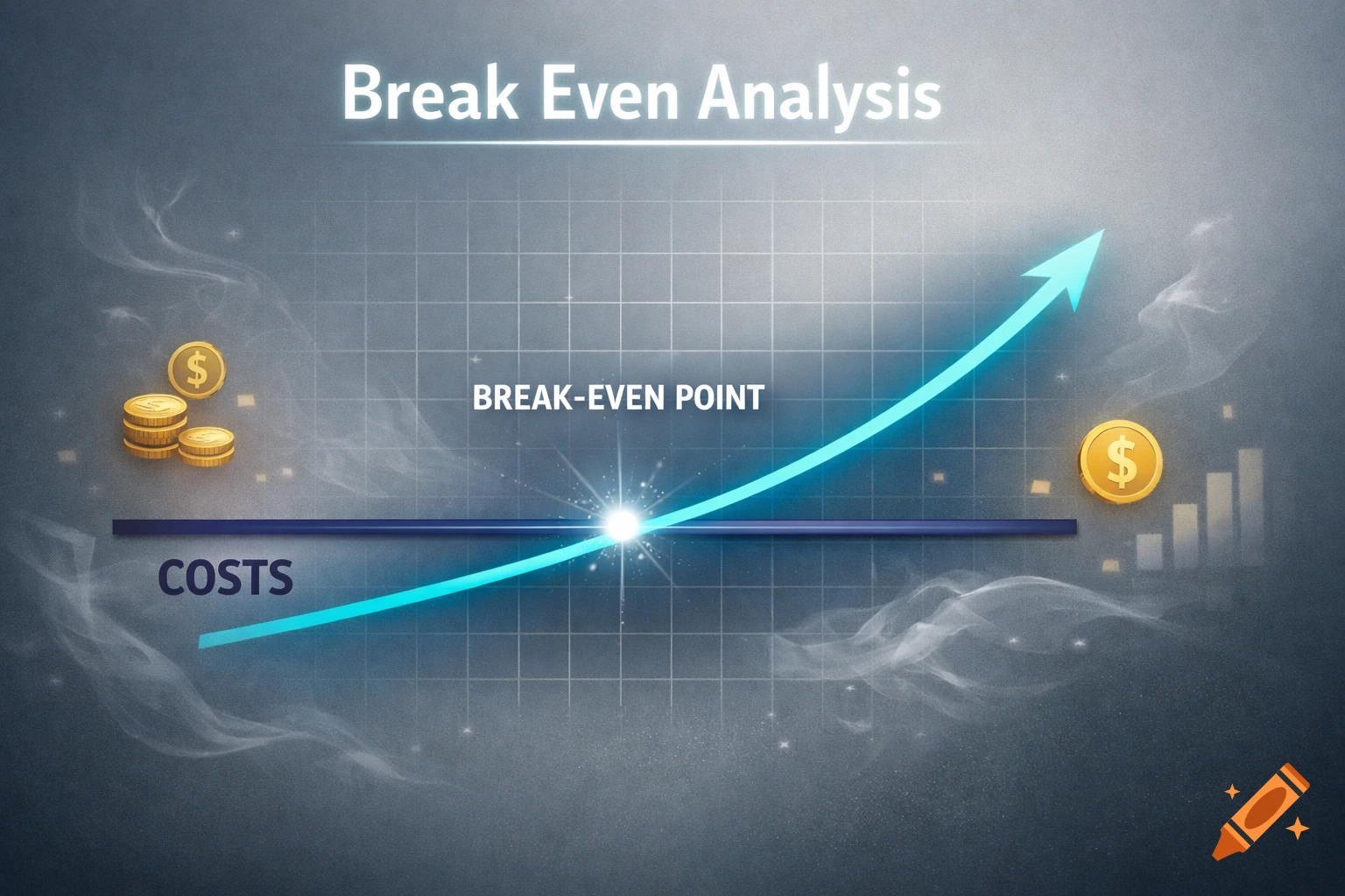 A financial graph illustrating a Break Even Analysis, showing a blue line rising from a costs baseline, intersecting at the break-even point with gold coins.