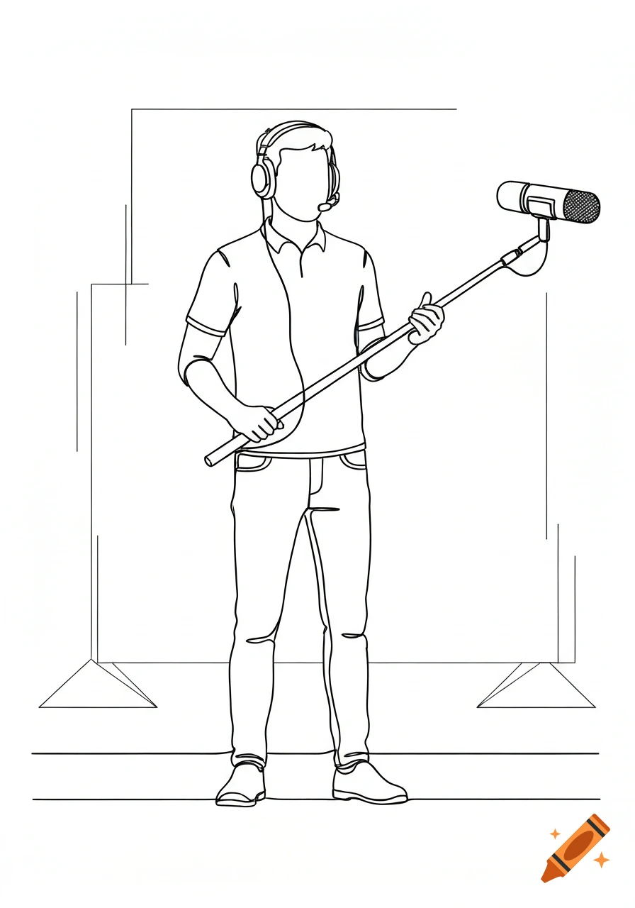 Line art drawing of a man wearing headphones and holding a microphone boom pole.