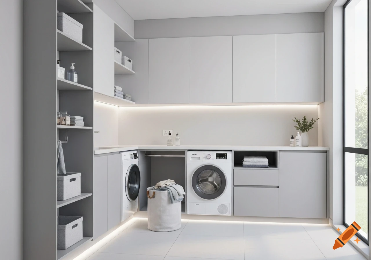 A clean, modern minimalist laundry room with white and gray cabinets, built-in washing machine and dryer, and LED lighting.