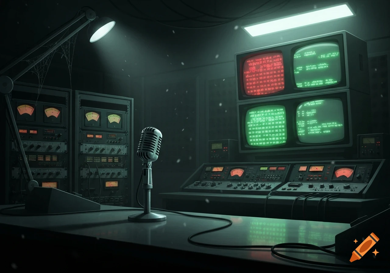 A dimly lit retro radio station control room featuring a vintage microphone, green and red glowing screens, and audio equipment.