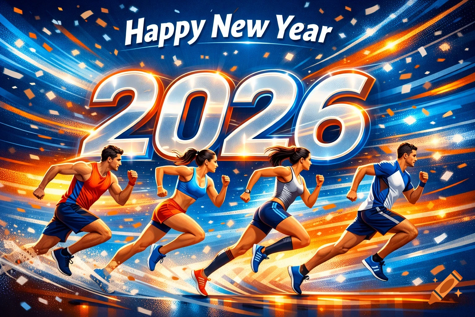 Happy New Year 2026 graphic with four energetic runners sprinting forward amidst confetti and dynamic blue and orange light streaks.