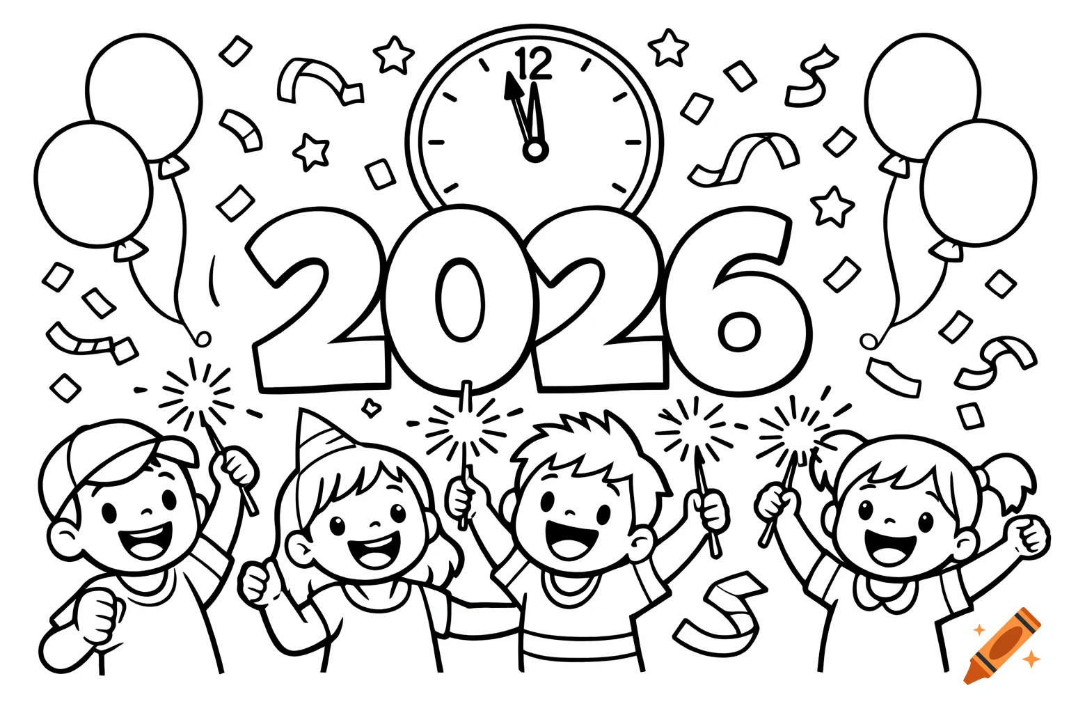 A black and white coloring page for New Year 2026, featuring four happy children holding sparklers, surrounded by balloons, confetti, and a clock striking midnight.