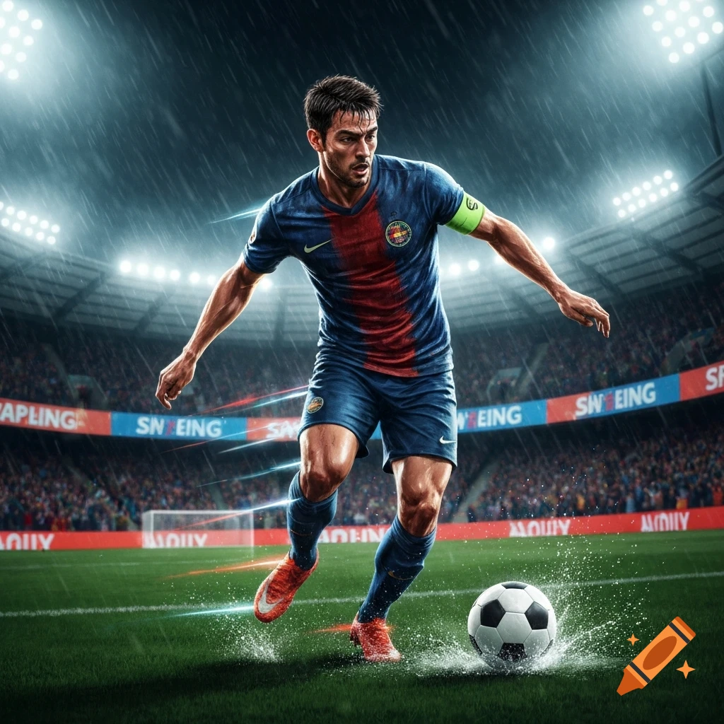 Photorealistic image of a male soccer player in a blue and red jersey dribbling a ball on a wet field in a rainy stadium.