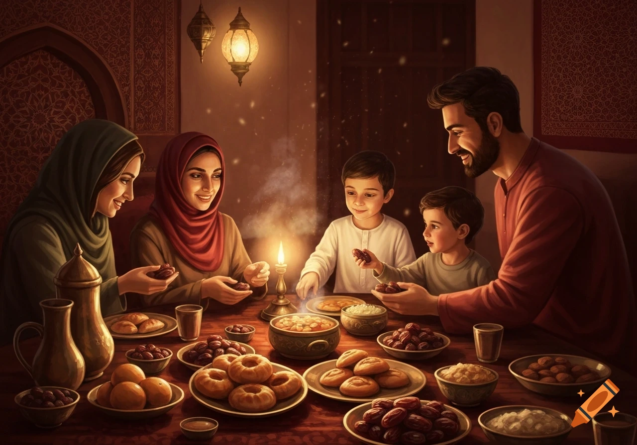 Illustrated scene of a Muslim family in traditional attire sharing a candlelit meal, with dates and various foods on a decorated table.