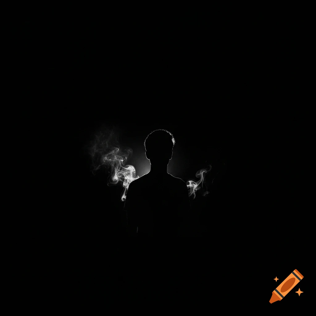 A black and white photograph of a dark human silhouette with smoke swirling around them against a black background.