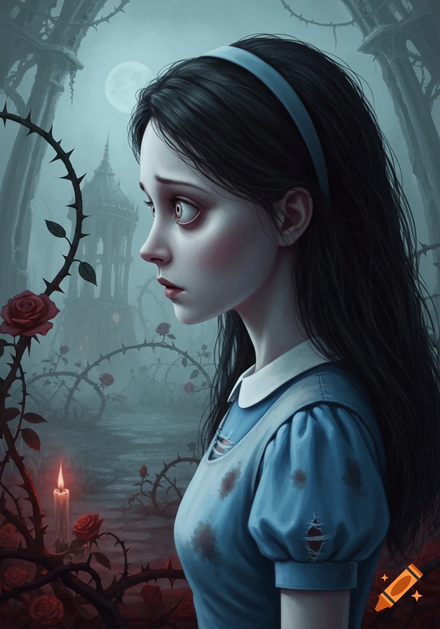 A dark fantasy illustration of a distressed Alice-like girl in a torn blue dress, with wide eyes, amidst thorny roses and gothic ruins.