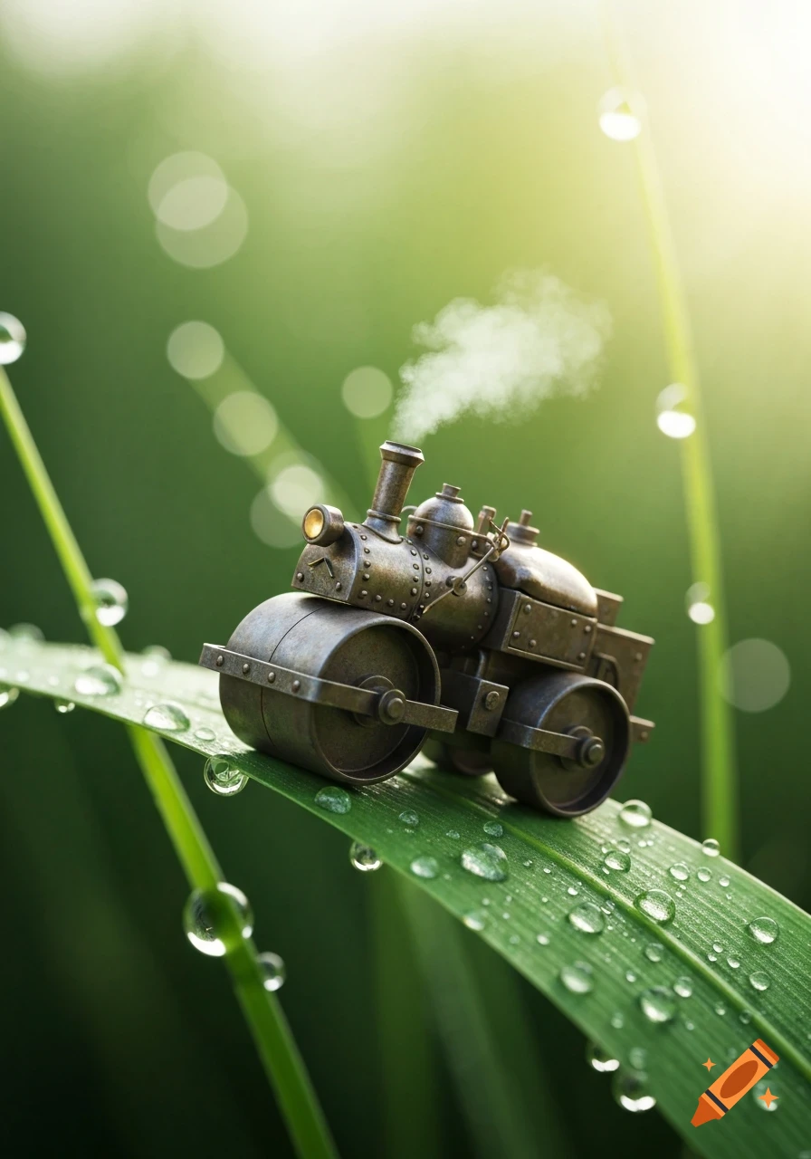 A miniature steampunk steamroller with steam emerging from its chimney sits on a dew-covered blade of grass.
