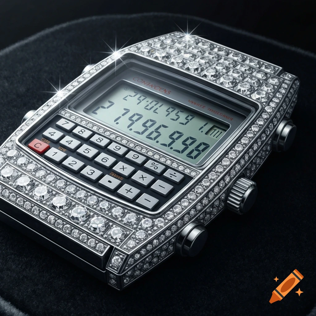 A close-up, high-angle view of a diamond-encrusted calculator watch, featuring a silver-toned body completely covered in sparkling diamonds, with a digital display and calculator buttons.