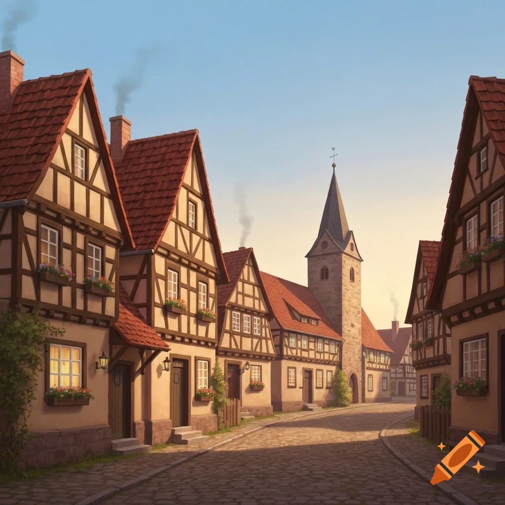 A charming street in an old European village, lined with half-timbered houses and leading to a church tower under a warm sky.