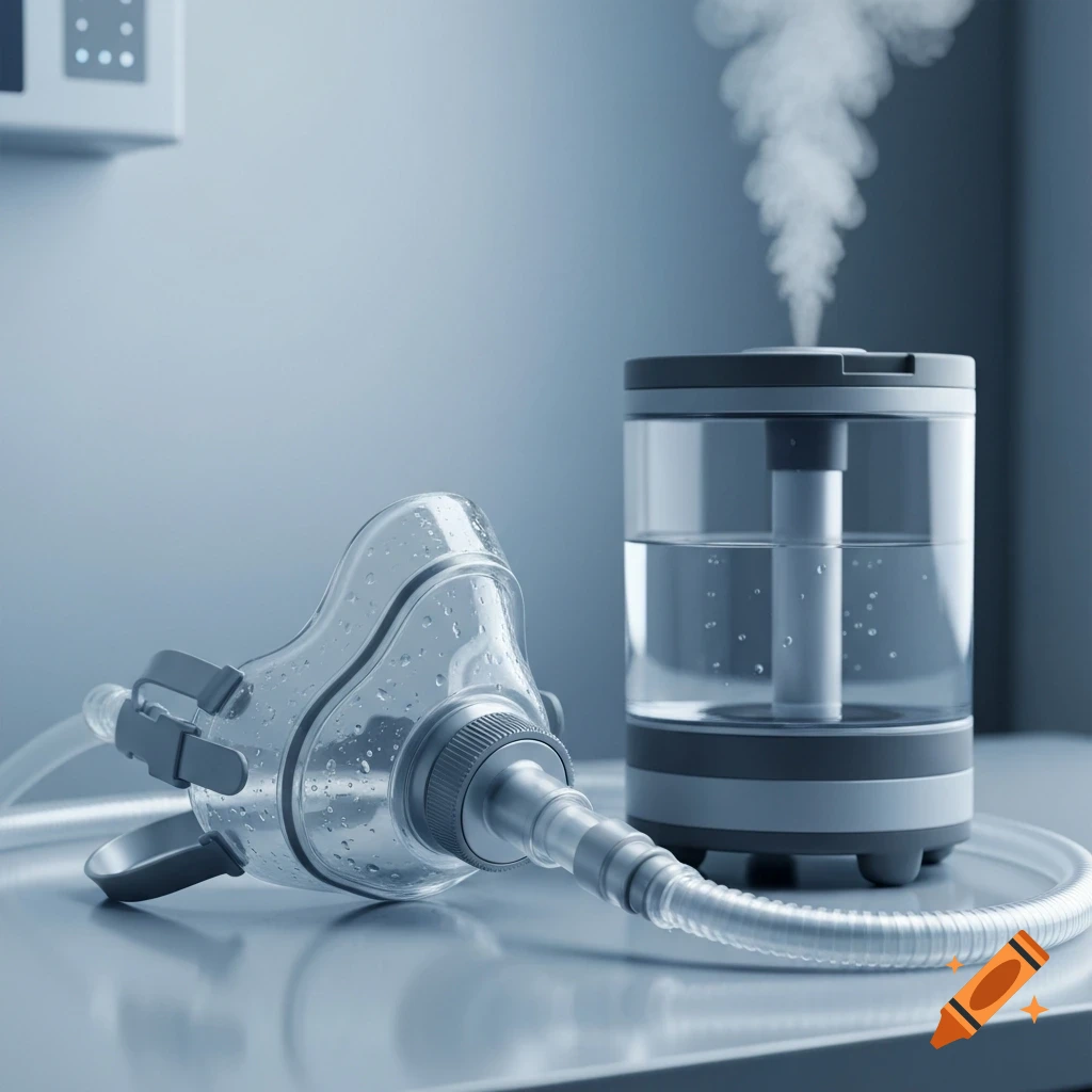 A transparent medical breathing mask with water droplets, connected by a hose to a humidifier emitting vapor, on a white surface.