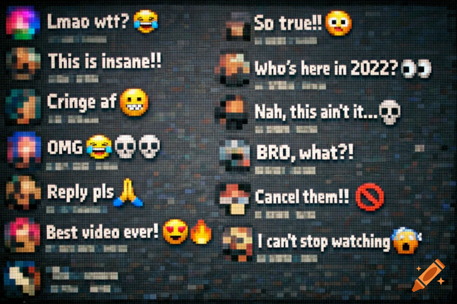 A pixelated screen displaying a social media comment section with various user comments and emoji reactions.