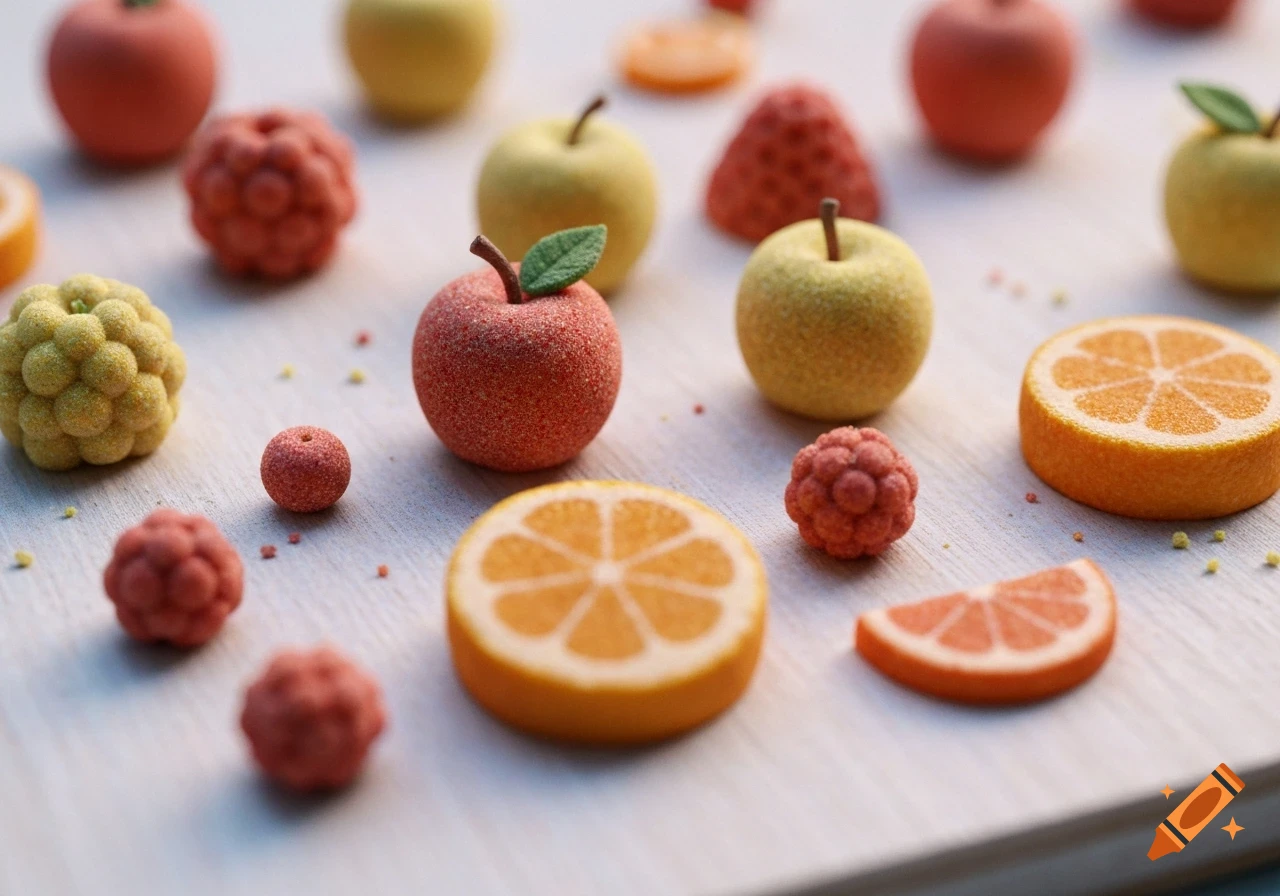 A close-up still life of various miniature fruits, including red and yellow apples, raspberries, and orange slices, made of a textured material resembling kinetic sand, scattered on a light wooden surface.
