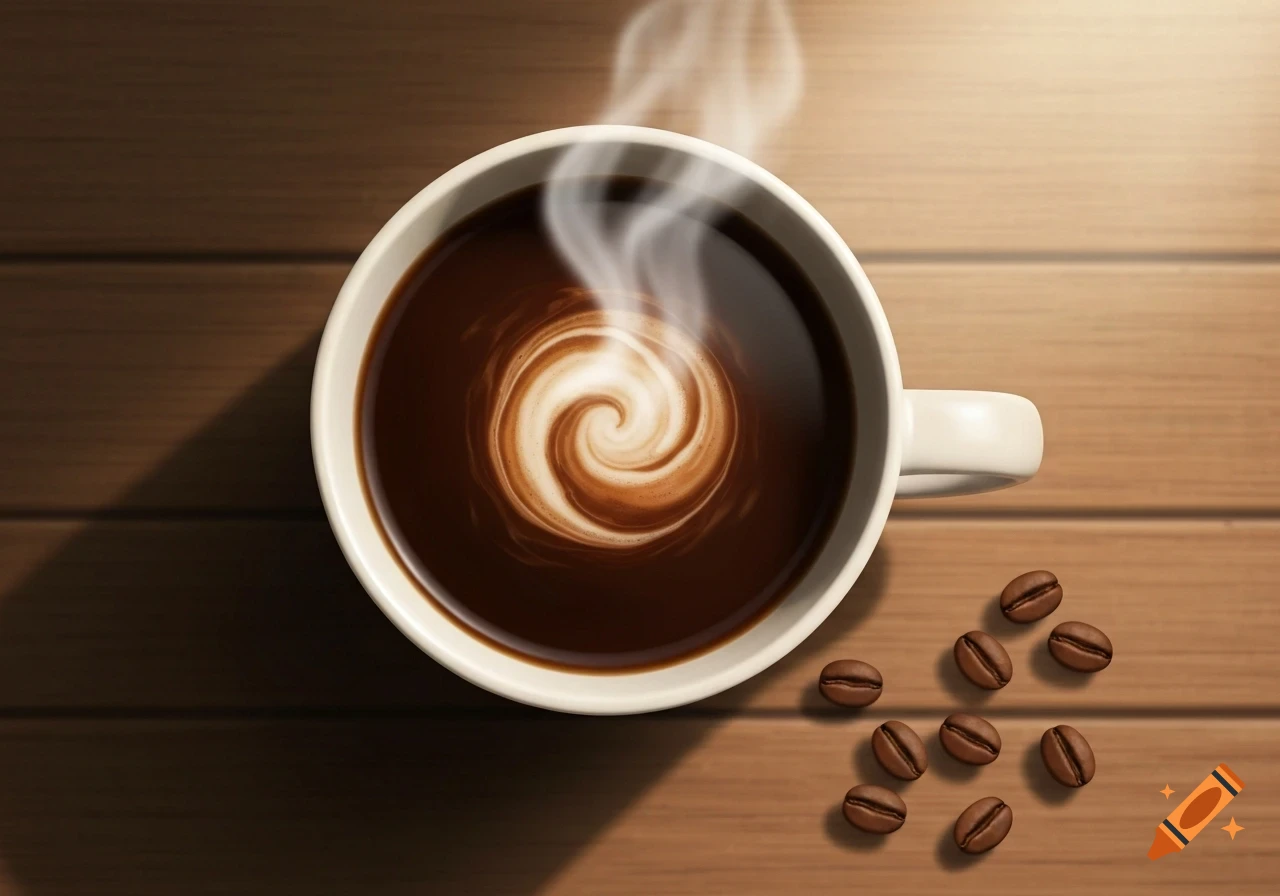 Overhead shot of a steaming cup of coffee with a cream swirl, next to scattered coffee beans on a wooden table.