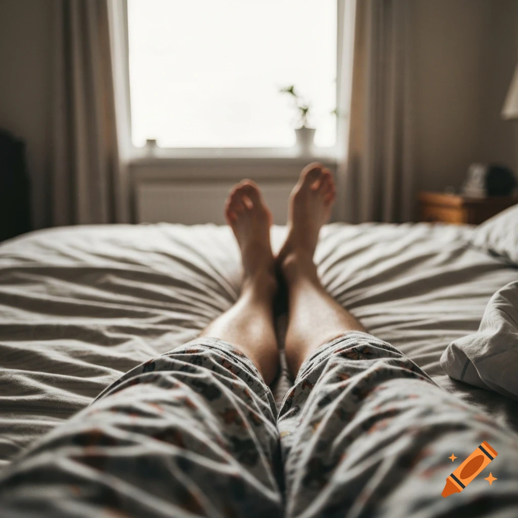 First-person view of legs wearing patterned pajamas, lying on a bed with a blurred window in the background.