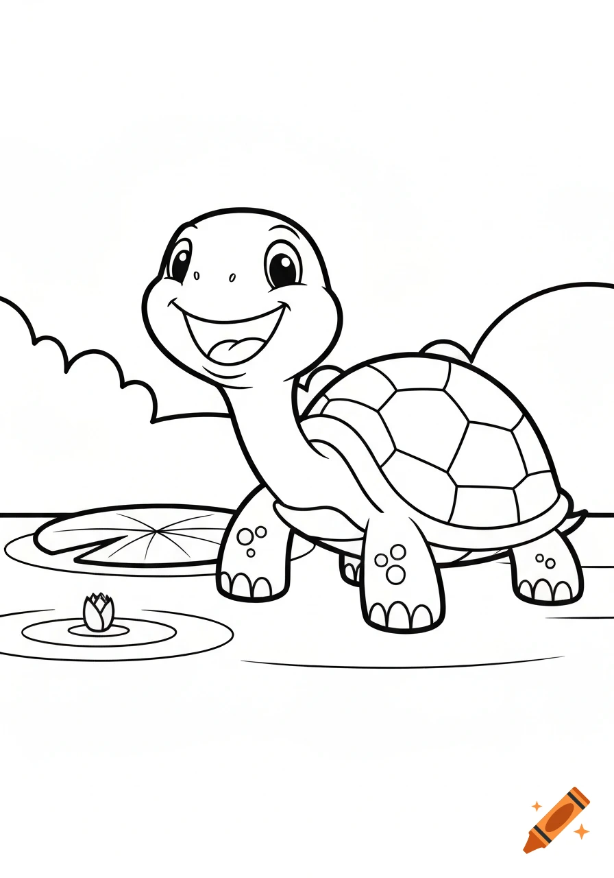 Smiling cartoon turtle in black-and-white coloring book line art, standing beside a pond with lily pads and a flower.