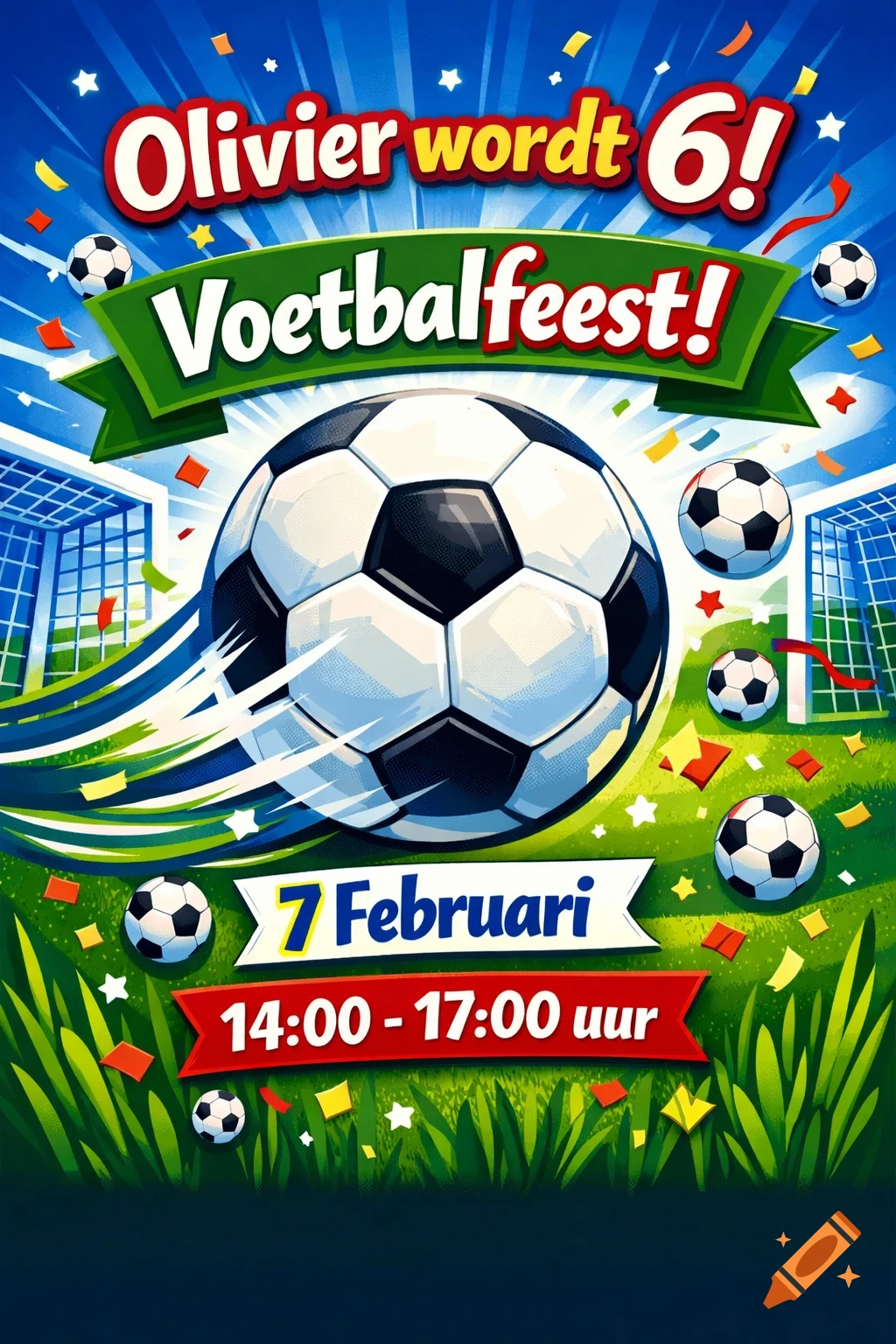 A vibrant cartoon birthday invitation for Olivier turning 6, with a large soccer ball, goals, and text for a football party on Feb 7, 2-5 PM.