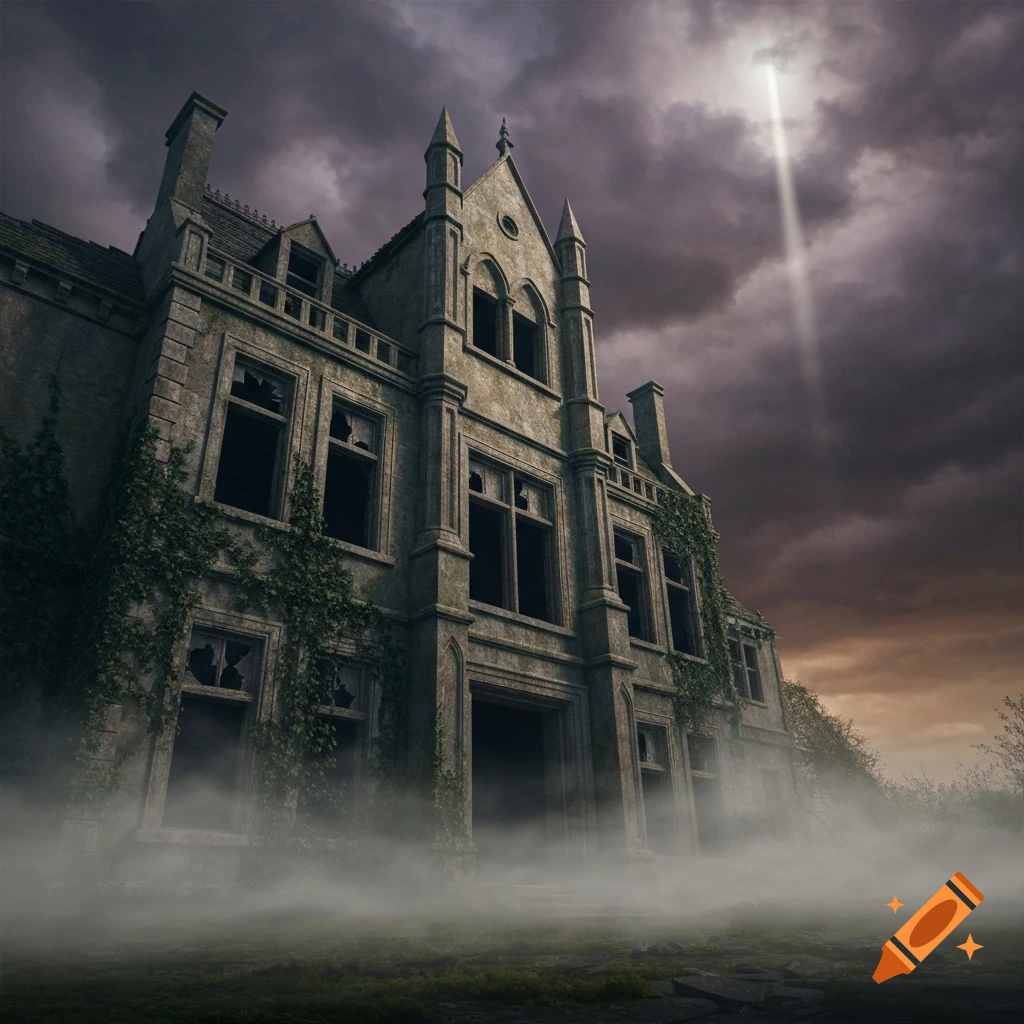 A crumbling gothic mansion shrouded in mist under a stormy sky with a beam of light breaking through.