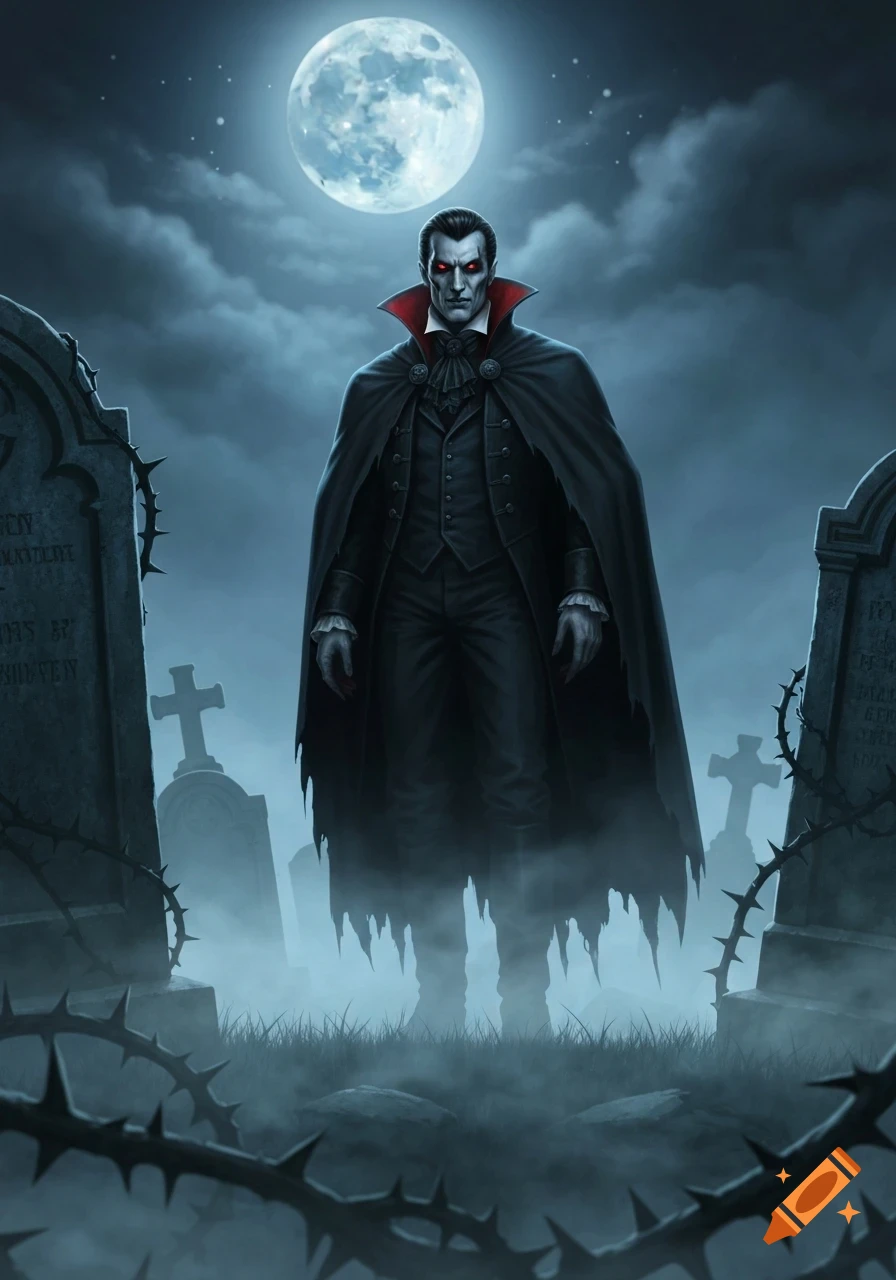 A male vampire with red eyes and a black cape stands in a misty ...