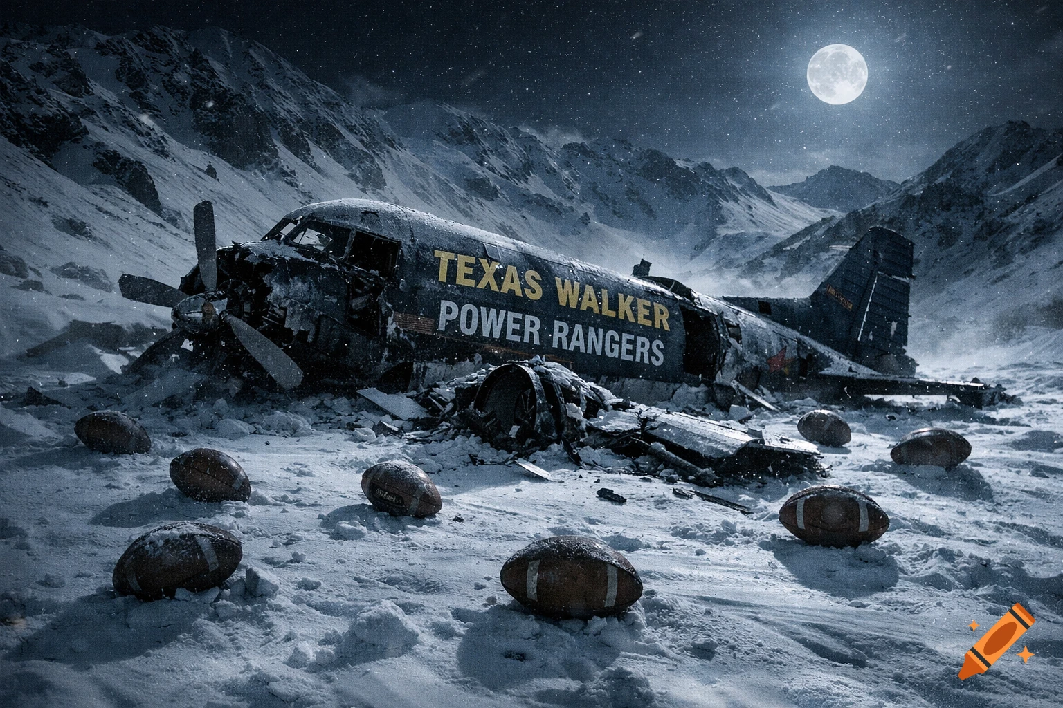 Crashed propeller airplane labeled 'TEXAS WALKER POWER RANGERS' on a snowy mountain at night, with footballs and a full moon.