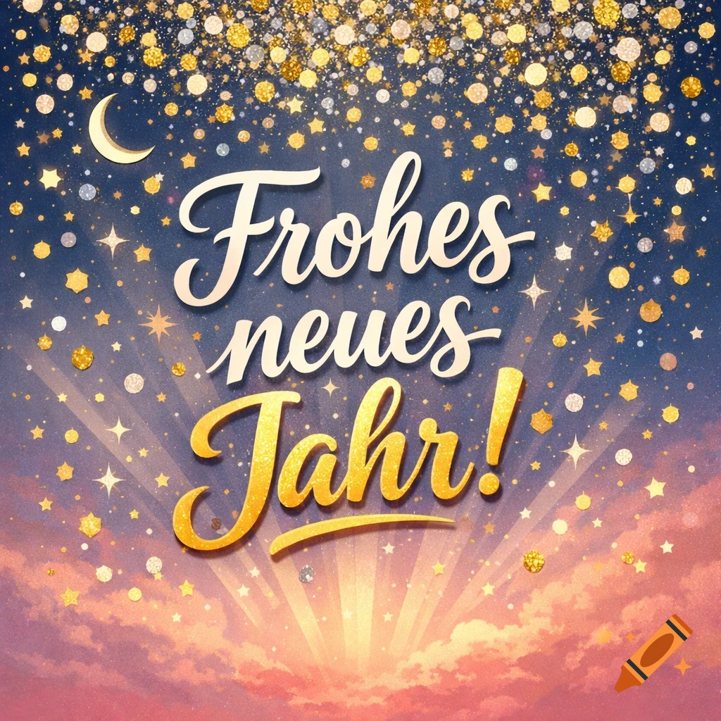 Festive New Year's card with 'Frohes neues Jahr!' text, golden glitter, stars, and a crescent moon over a sunrise sky.
